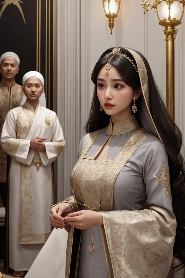 photo features four individuals in a formal pose, consisting of two men and two women, in an elegant and luxurious studio setting. The four people are dressed in traditional attire with matching motifs, reflecting unity and harmony, possibly for a wedding or other formal event.
The first man on the left is a middle-aged man with mostly graying hair. He has an oval-shaped face with defined features. His posture is upright and slim, suggesting he might be around 50-60 years old. He is wearing a traditional outfit in dark gray with golden embroidery on the chest and sleeves. He also wears a geometrically patterned brown batik cloth on the lower part of his body.
Next to this middle-aged man is a young man aged around 25-35 years. He has an oval-shaped face with a fairly strong jawline, and his black hair is neatly combed. His posture is upright and athletic, with an ideal body proportion. He is wearing a similar traditional outfit to the first man, a dark gray traditional outfit with golden embroidery, paired with a batik cloth of the same pattern.
Beside the young man is a young woman, possibly aged around 20-30 years. She has an oval-shaped face with delicate and elegant facial features. She is wearing a light gray hijab paired with a traditional outfit of the same color with intricate embroidery. Her traditional dress has detailed work on the top with a long flowing skirt. She also wears a beautiful headpiece, adding a graceful and luxurious touch to her appearance.
The last woman on the right, who might be between 45-5, has an oval-shaped face with a gentle expression. She is also wearing a gray hijab that matches her outfit, which has golden embroidery. Her outfit is similar to the young woman next to her, but with a simpler and elegant design.
The studio background appears very luxurious, with white and cream-colored floral decorations hanging from above, creating a romantic and elegant atmosphere. The lighting in the studio is very soft, creating