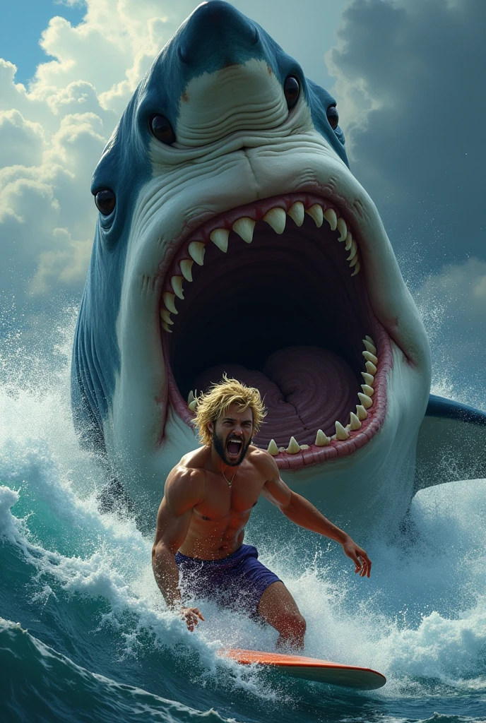 A massive great white shark, jaws agape, lunges at a muscular, sun-bronzed surfer with tousled blonde hair. Hyper-realistic details capture glistening water droplets, terror in the surfer's eyes, and the shark's razor-sharp teeth. Turbulent waves and ominous dark waters surround them.