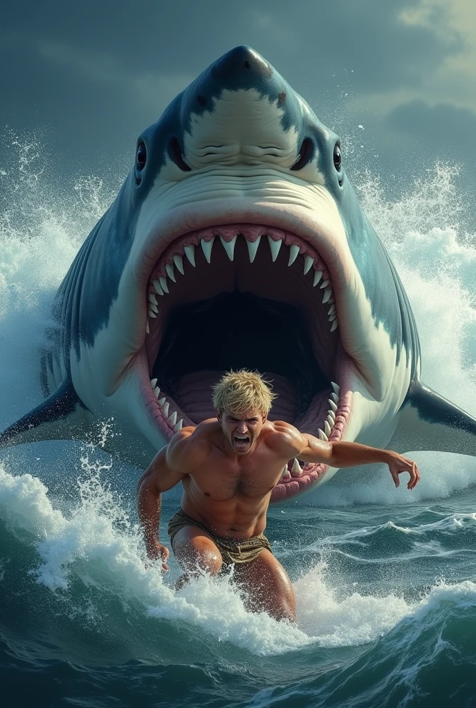 A massive great white shark, jaws agape, lunges at a muscular, sun-bronzed surfer with tousled blonde hair. Hyper-realistic details capture glistening water droplets, terror in the surfer's eyes, and the shark's razor-sharp teeth. Turbulent waves and ominous dark waters surround them.