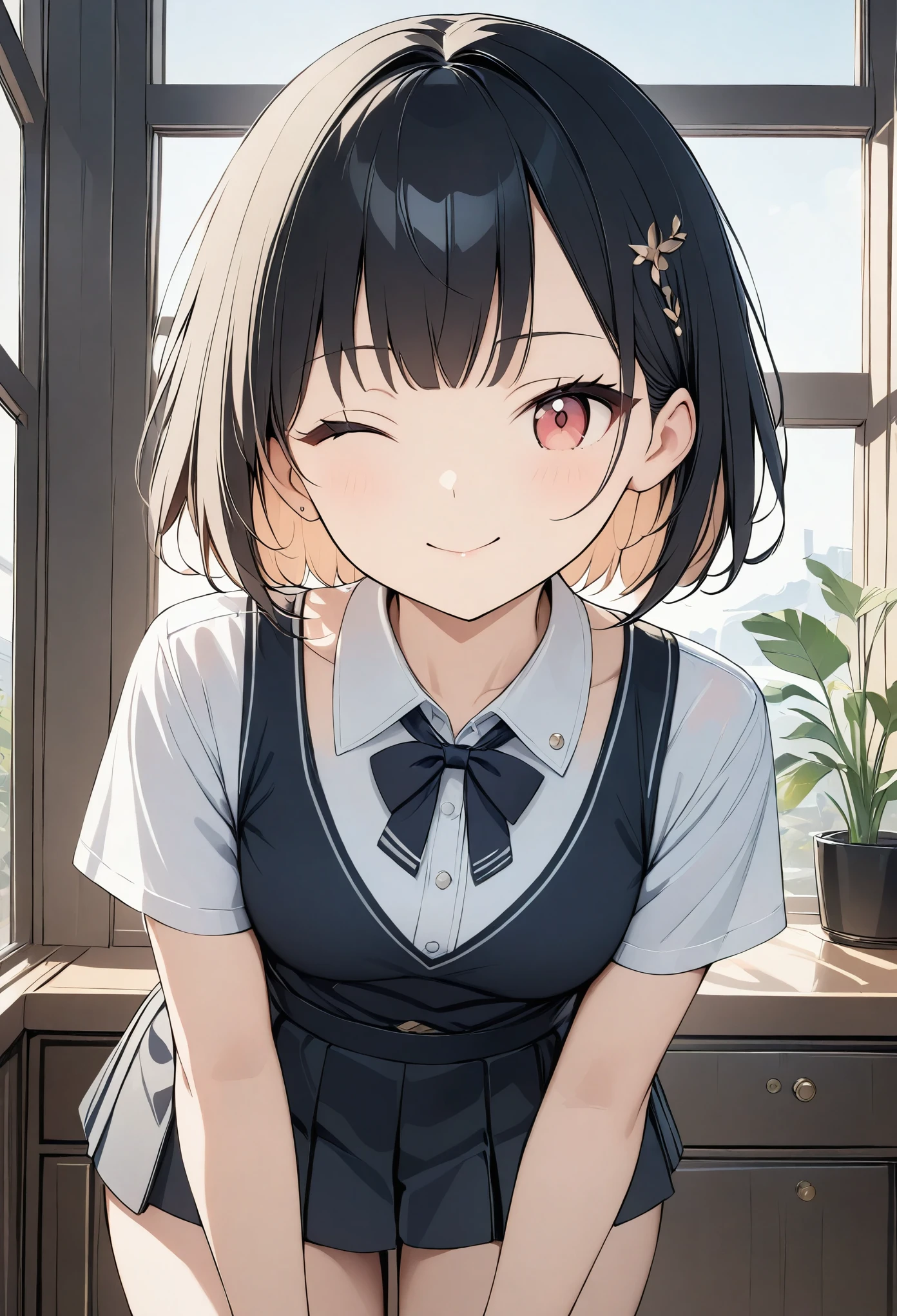 ((Amazingly absurd)),(masterpiece:1.2),超High resolution, Attention to detail, high quality, High resolution, 最high quality, 4K, 8k、arm behind back、Bend forward、Looking at this、Wink,boyish、Very Short Hair、schoolgirl、Casual attire、cute