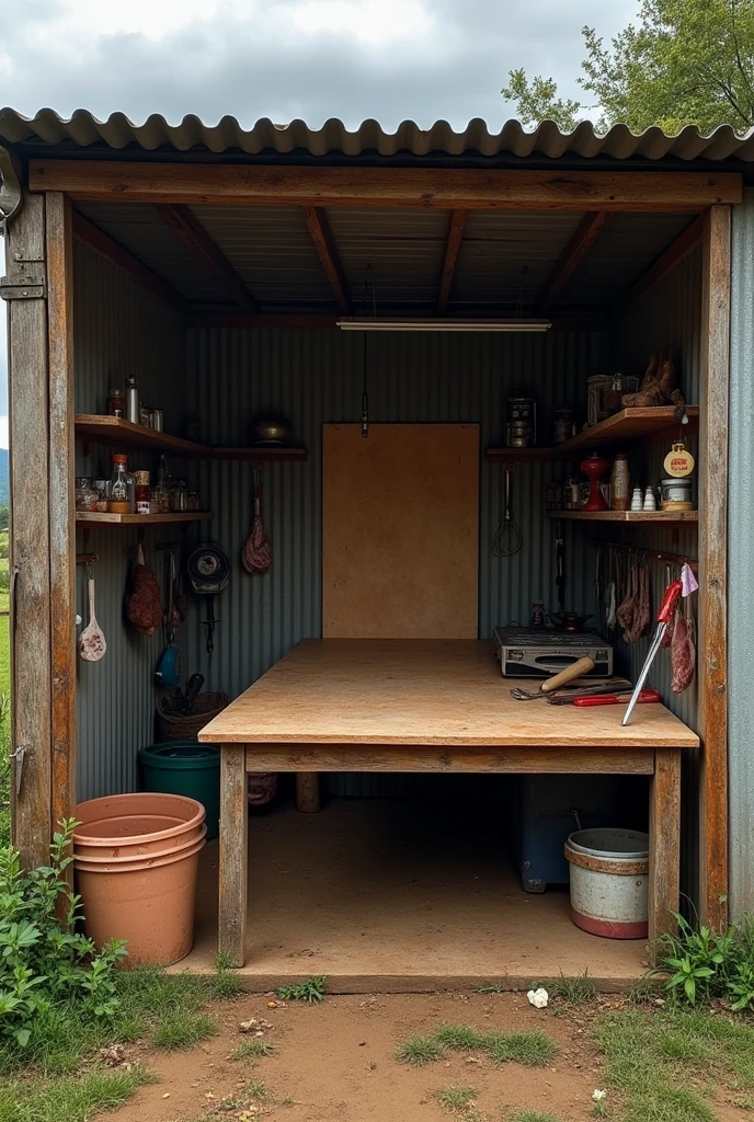 A shed with a iroonsheet and has a table with mdf for a butchery business