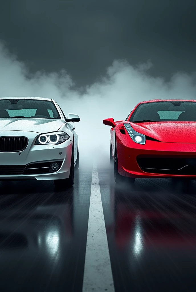 White bmw and red ferrari background dark sky dark 
