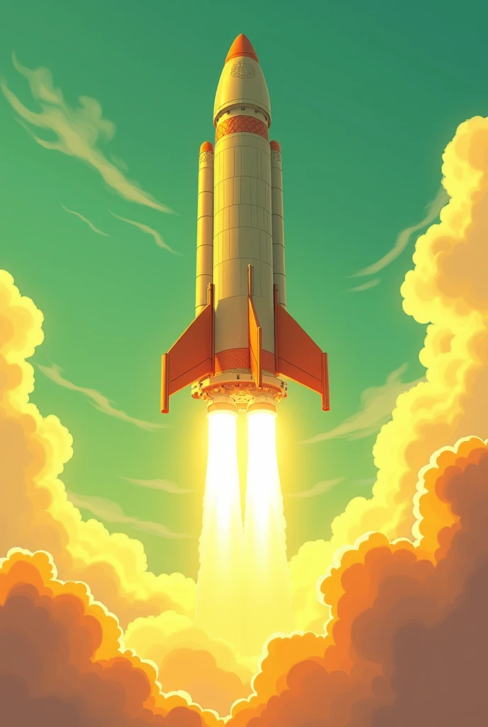 Create a cool bright picture of yellow and green a large rising rocket