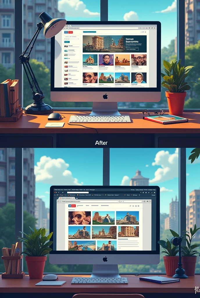 Create a two-panel comparison image for a website video. The left panel, labeled 'Before,' should show a realistic webpage with inconsistent visuals—mixed styles, clashing colors, and low-quality images. The images and videos should look out of place or irrelevant to the content, giving the site an unprofessional and distracting appearance.The right panel, labeled 'After,' should depict a cohesive and polished realistic webpage with consistent visual style. The images and videos should be high-quality, relevant to the content, and harmonize in color and tone. The overall look should be professional, visually appealing, and engaging, creating a strong, unified aesthetic."
