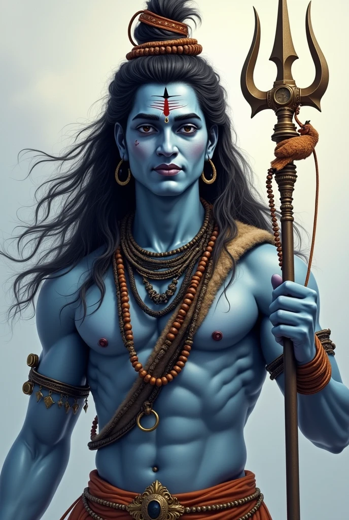 Lord Shiva has a calm and serene expression with eyes that reflect tranquility. His throat is blue, like Neelkanth, while the rest of his body has the complexion of a typical Indian. His face exudes beauty and calmness, with eyes that captivate and make it hard to look away. He possesses a masculine appearance, with visible veins on his arms. He holds a trident in his hand. His body bears a few scars. His hair is long and matted (Jataa Dhari), and there are three horizontal lines (Tilak) on his forehead. He wears a lion's skin, with a Rudraksha mala wrapped around his arm and another Rudraksha mala adorning his neck.