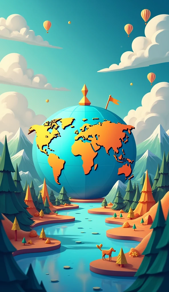 create an image for a background of a quiz video about geography, the image should have elements that symbolize geography, it should have elements that imply about quiz/trivia, geographical elements, world map, compass, catchy and engaging colors