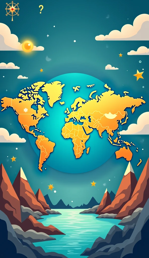 create an image for a background of a quiz video about geography, the image should have elements that symbolize geography, it should have elements that imply about quiz/trivia, geographical elements, world map, compass, catchy and engaging colors