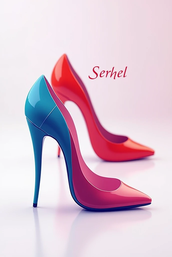 /imagine a women's shoe logo with red, pink and blue colors. Written SERHEL