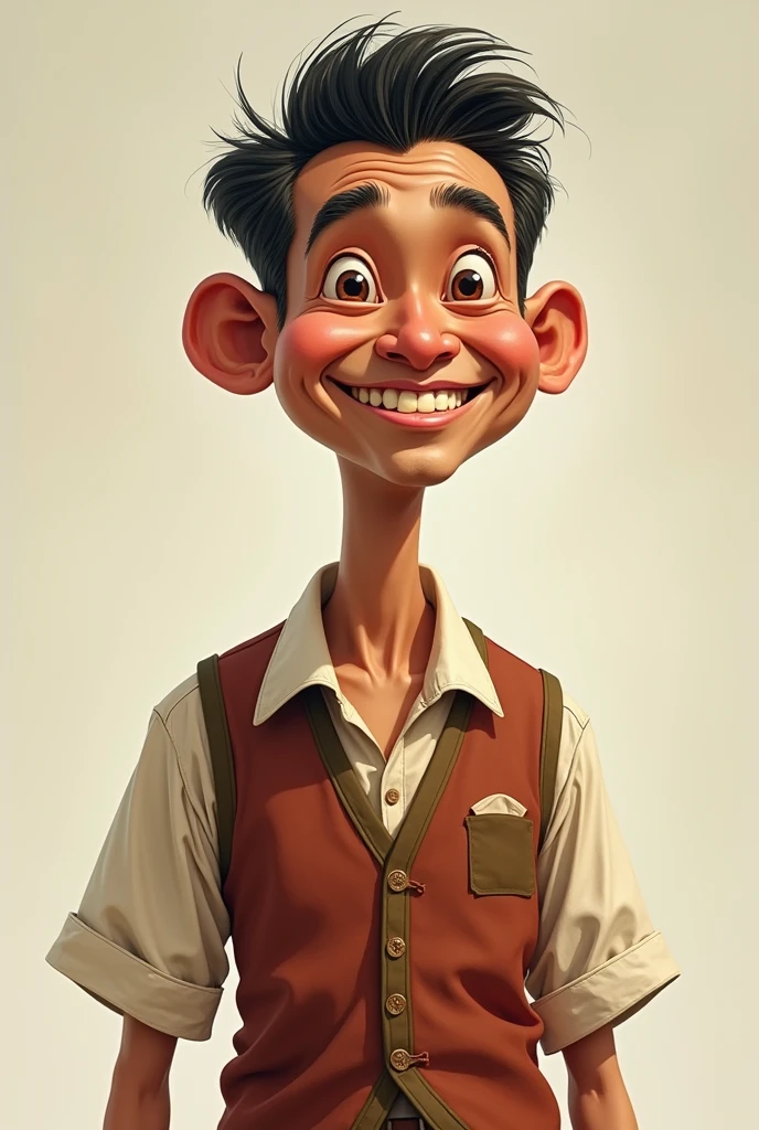 make ,a realistic full body shot,exagerrated ,caricature ,of indonesian man, with nice smile,This masterpiece captures the essence of the era, radiating nostalgia and vintage charm.,simple background.high detail