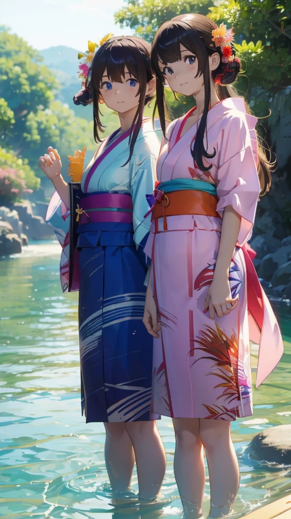 Anime image of two girls in summer yukata standing in the sea、Kyoto Animation Style、グワイズとXin Haicheng、Kyoto Animation stills、kyoto animation key visual、On a sunny day、yourname、((Xin Haicheng))、Anime Background、4K Manga Wallpaper、Anime beautiful peace scene、Anime Backgroundキービジュアル、Beautiful anime scene
