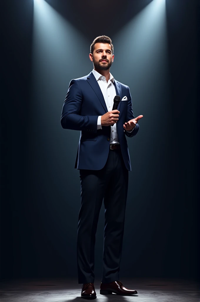 Create a hyper realistic man wearing blue and black formals and standing on stage with mic having good hairstyle