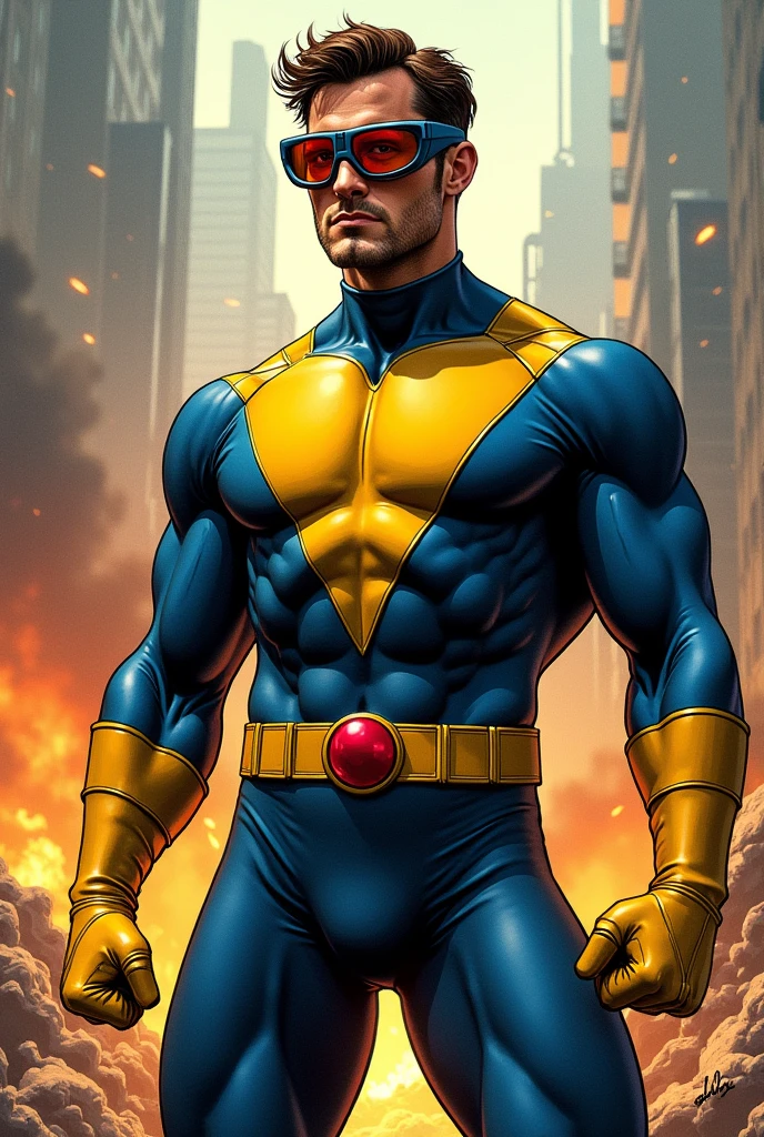 Make a picture of Jacob Elordi as Cyclops in classic comic book costume 