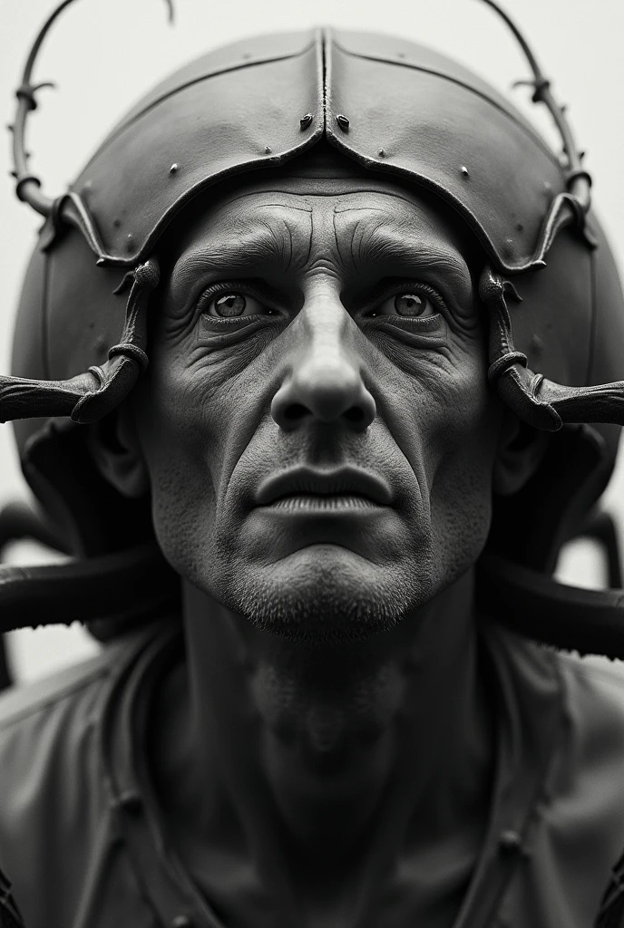 Horror image as a very well detailed photograph with good black and white contrasts of a man's face on the back of a beetle