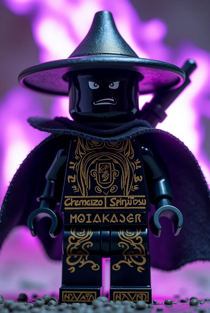 Créer moi un lego ninja go avec pas de muscles et ni de masque le premier maitre du spijisufuturiste de la dernière puissance fusionnaire doit être mauvais et doit être en lego un ninja avec un chapeau de paille noir, avec un bandeaux noir cachant la bouche avec une cape noir ténébreux derrière le dos sombre et avec une peau noir foncé noir sombre et un regard terrible avec des yeux noir sombre avec une puissance incroyable avec comme puissance élémentaire l’électrique, l’énergie, la terre, le feu, la glace. Les habits du ninja doit être tout noir avec des traces grise bleu foncé avec des reure en forme de force, d'électricité, de feu en or ténèbres et des écritures japonaises et le parchemin du spinjisu interdit sacré le plus puissant en golden. Un ninja imbattable monstrueux beaucoup trop puissant qui contrôle tous les pouvoirs élémentaires. Le ninja doit être destructeur et soif de victoire un gentil et méchant avec un sabre et le parchemin du spinjisu interdit ninjago dans le dos et un symbole de lion sur le torse des habits. Avec des flammes violettes puissantes dans le ninja