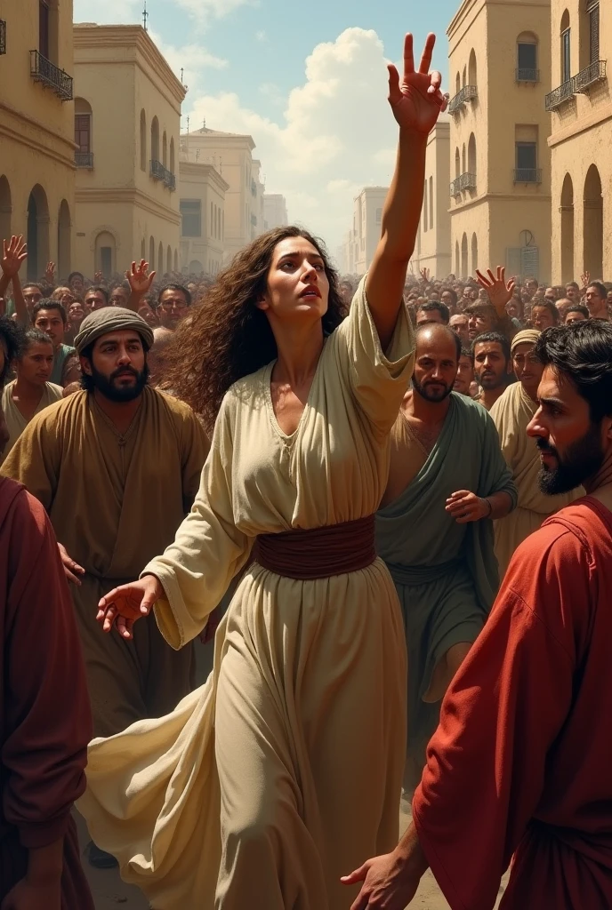 The woman with the issue of blood overcoming the crowd from below to touch Jesus&#39; hem 