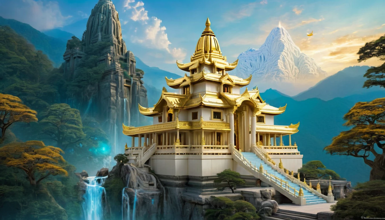 majestic temple, MYSTIC, 2 STORY, ON TOP OF A MOUNTAIN, IVORY WHITE AND GOLD, with detailed architecture, located in a natural setting of mountains and forests. A RIVER OF BLUE CYAN WATER, golden and shiny elements, . The sky can be BLUE WITH A LARGE LOA,
In front of the temple, an imposing lion can be seated or standing, with a noble posture and penetrating gaze, symbolizing strength and protection. The lion can be realistic, but with a touch of fantasy, perhaps with glowing eyes or gold details in its mane, This contrast between the transcendental temple and the powerful lion should create a visually appealing and symbolic image,