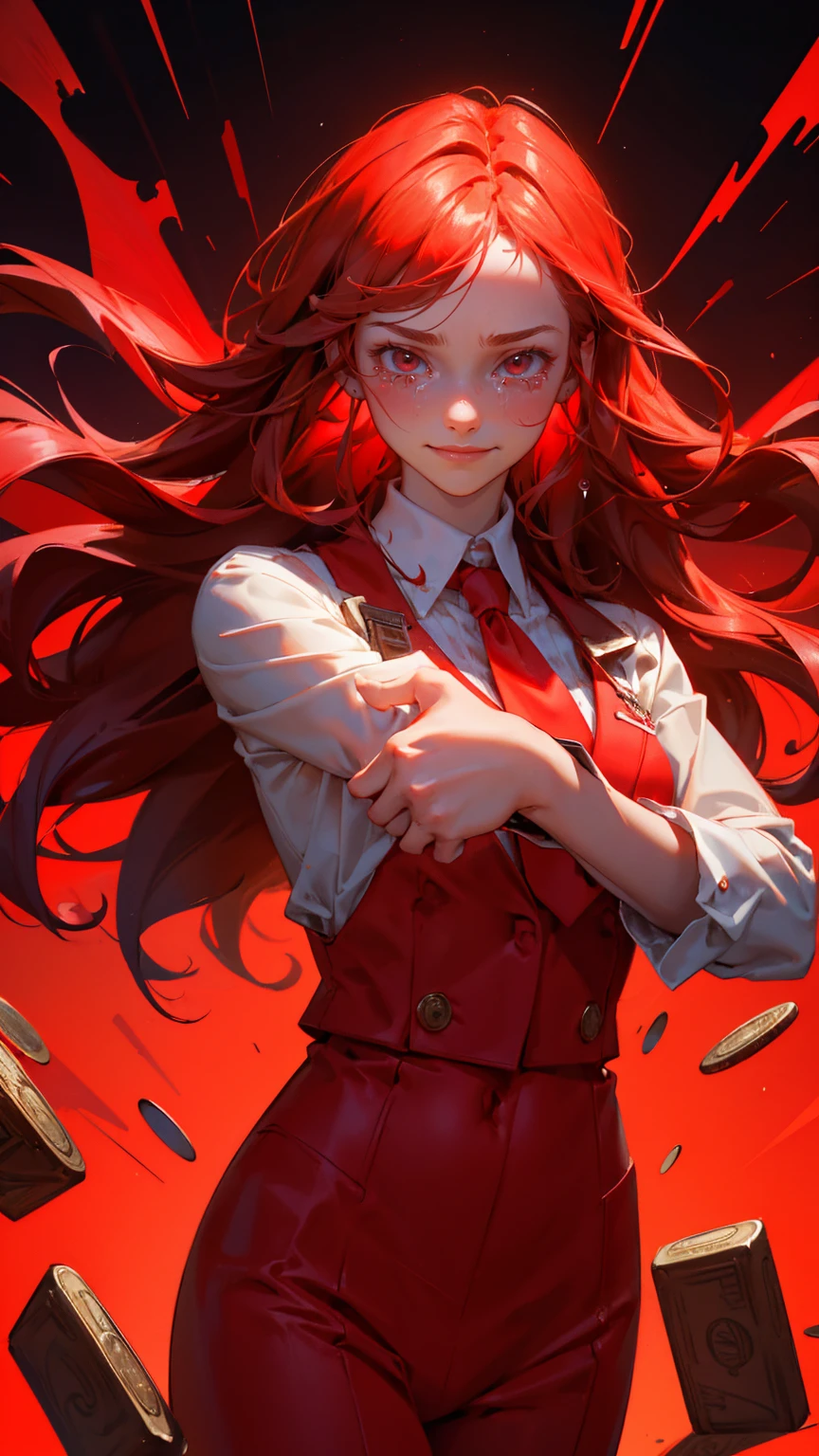 all red, bg red A beautiful, cute girl with long hair, dressed in a stylish, bright red suit with a matching red tie, giving a thumbs-up and smiling confidently. She has a comically exaggerated crying expression, tears streaming down her face. In the background, there's a red-themed financial chart with a sharp downward red arrow indicating a market crash. The entire backdrop is filled with various shades of red, with glowing red Bitcoin symbols and stacks of coins in flames at the bottom. The overall scene has a fiery, intense ambiance with lots of reds and a sense of financial turmoil