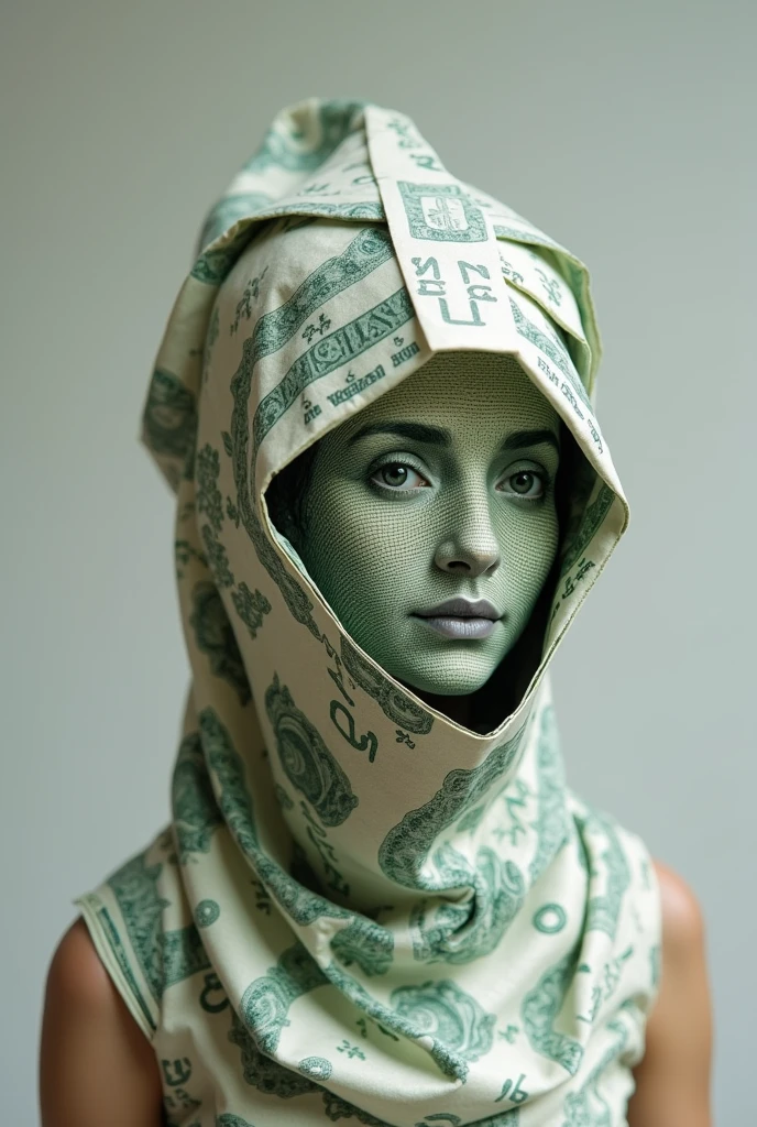 the art of folding paper money into a head covering, the face of the paper money figure is visible, wearing a head covering made of folded money