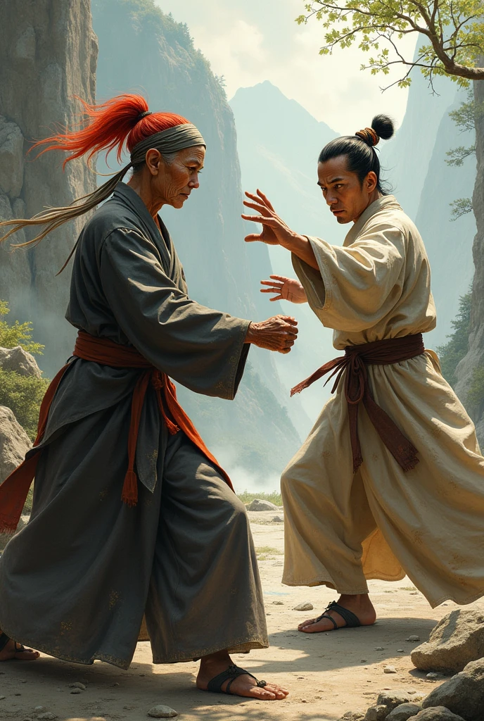 Old woman, redheadwear, duelist monk, Asian