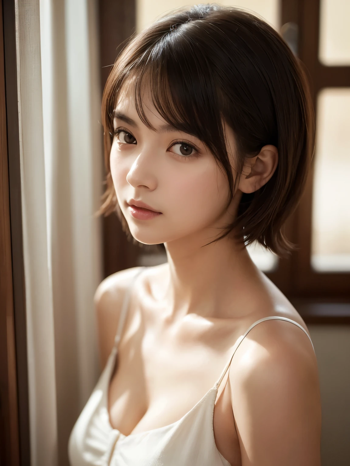 A highly detailed, realistic portrait of a young woman with short, tousled hair that falls softly around her face. Her features are delicate and symmetrical, with large, expressive eyes that are slightly downcast, creating a soft and contemplative expression. She is wearing a black, sleeveless halter top with a plunging neckline that contrasts against her fair skin, revealing her shoulders and collarbones. The lighting is soft and diffused, coming from a window in the background, casting gentle shadows and creating a warm, intimate atmosphere. The setting suggests a relaxed, indoor environment, with the focus entirely on the woman. The background is blurred, enhancing the subject’s presence and drawing attention to her subtle expressions and the fine details of her appearance. The overall mood of the image is serene and intimate, with an emphasis on natural beauty and quiet elegance.