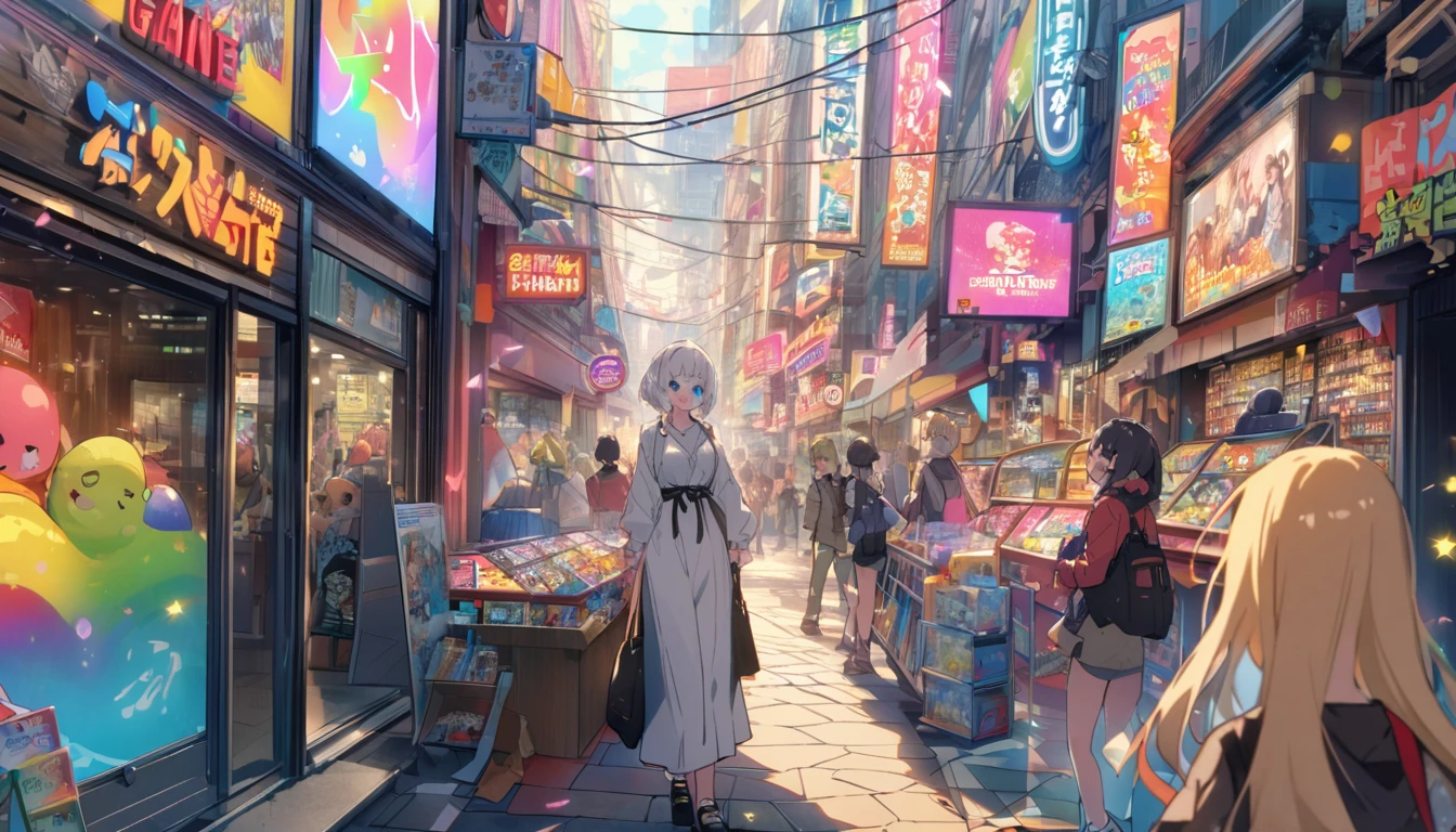 A woman with white hair and cute clothes、First visit to Akihabara。On Electric Town Street、Colorful neon signs sparkle、A store with the latest gadgets and figurines々is standing side by side。From the entrance of the game center、Rhythmic music plays、Huge posters featuring anime and manga characters catch your eye。The whole town exudes an otherworldly atmosphere.。The main character as a tourist、While wondering which store to stop at,、Enjoy the excitement of Akihabara。
