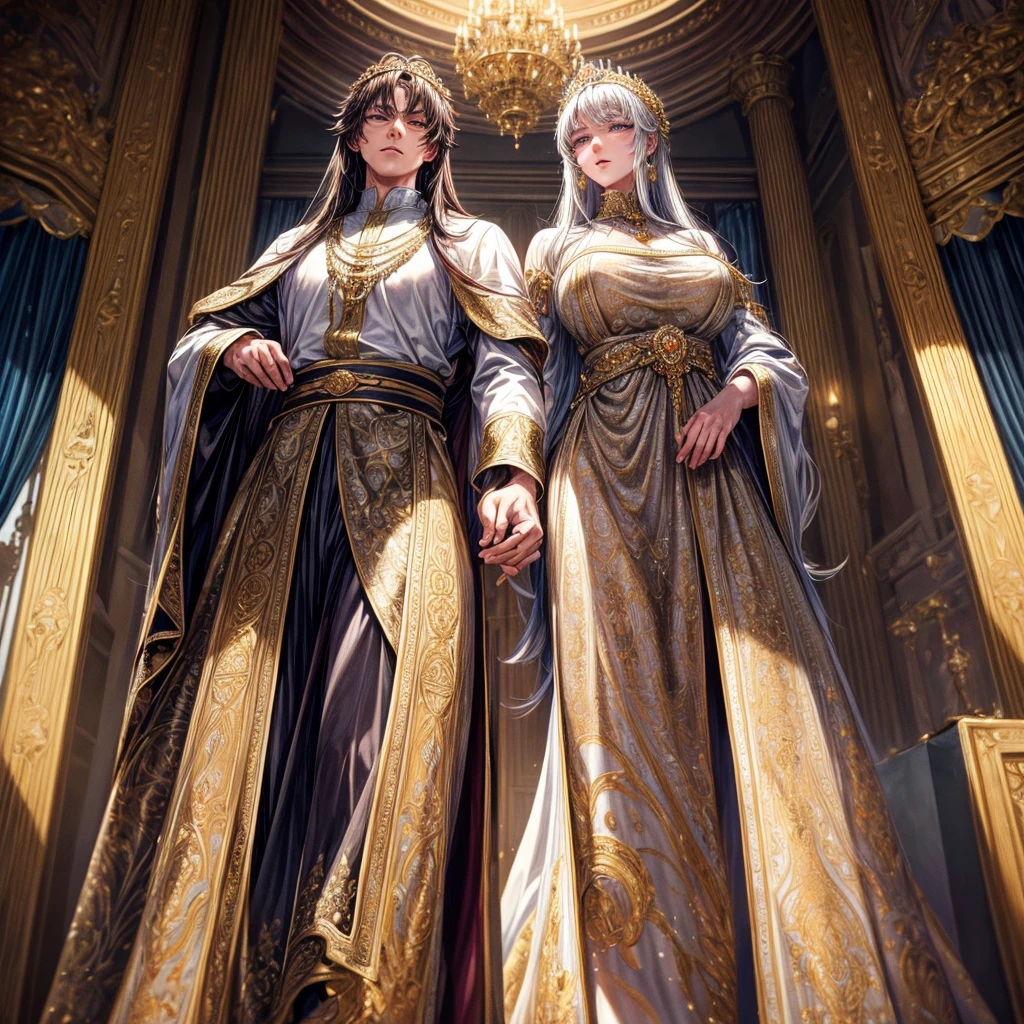 NSFW, ((masterpiece, best quality, extremely detailed, absurdres)), Create a high-resolution, highly detailed anime-style illustration that captures the grandeur and elegance of a medieval Western royal family. The illustration should feature a king, queen, and princess, each radiating an aura of nobility and power. The royal family is depicted in a luxurious setting, surrounded by opulent decorations and ornate elements that emphasize their status. The king stands tall, exuding authority and wisdom; the queen, graceful and composed, reflects regality; and the princess, youthful yet poised, symbolizes hope for the future. The subjects are dressed in richly detailed royal attire, with intricate patterns and designs that showcase their wealth and influence. The overall composition should evoke a sense of awe and respect from those who view it, as if the family is a beacon of leadership and power. The lighting is soft yet dramatic, enhancing the textures and depth of the characters and their surroundings. The background is an elaborate palace interior with grand pillars, velvet drapes, and majestic chandeliers. The illustration should maintain a balance between realism and the softness typical of anime art, ensuring that every detail, from the characters' facial expressions to the smallest elements in the background, contributes to the overall impact of the piece. --royal family, --Noble Princesses, --sexy, --erotic