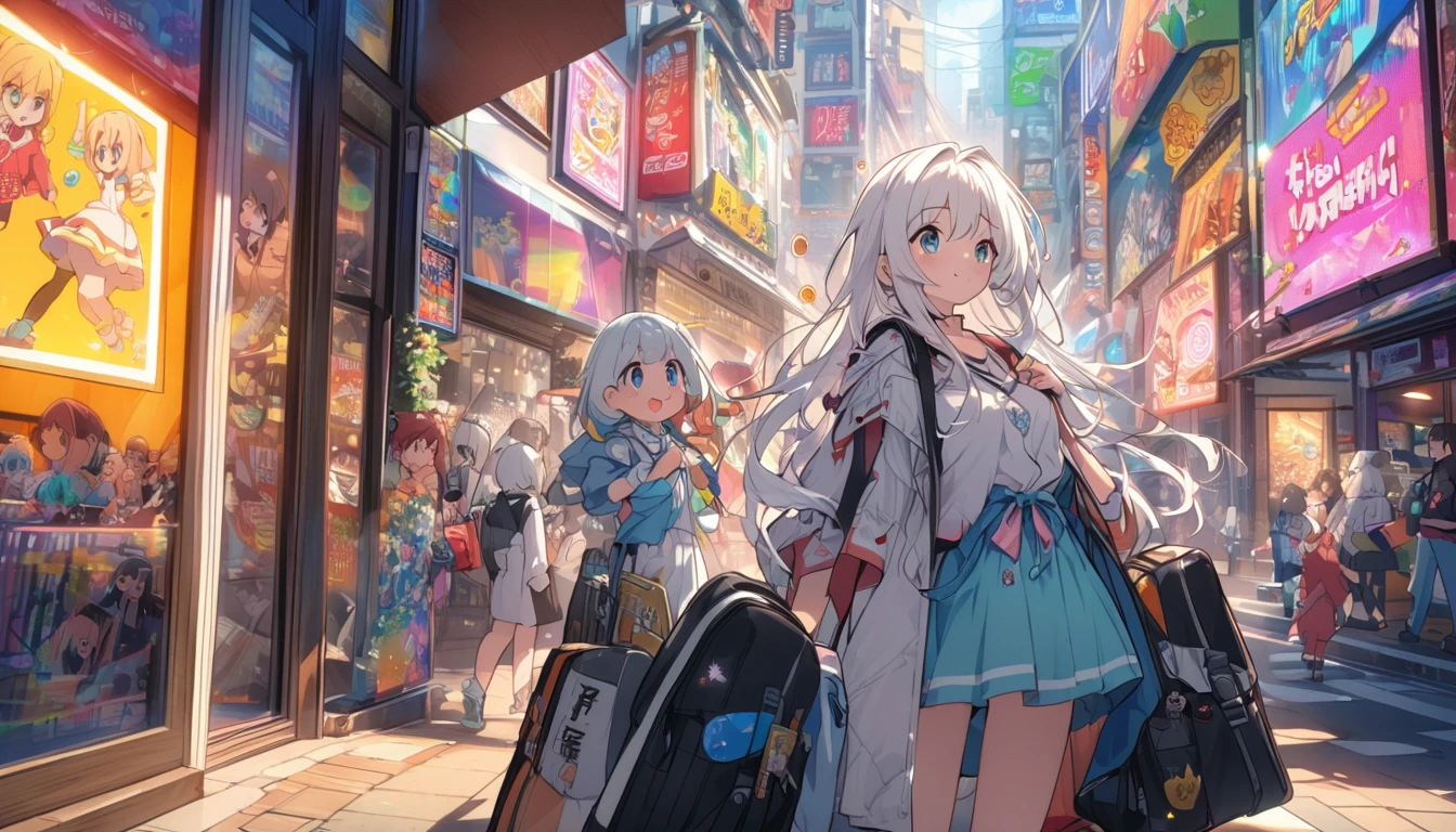 A woman with white hair and cute clothes、First visit to Akihabara。On Electric Town Street、Colorful neon signs sparkle、A store with the latest gadgets and figurines々is standing side by side。From the entrance of the game center、Rhythmic music plays、Huge posters featuring anime and manga characters catch your eye。The whole town exudes an otherworldly atmosphere.。The main character as a tourist、While wondering which store to stop at,、Enjoy the excitement of Akihabara。