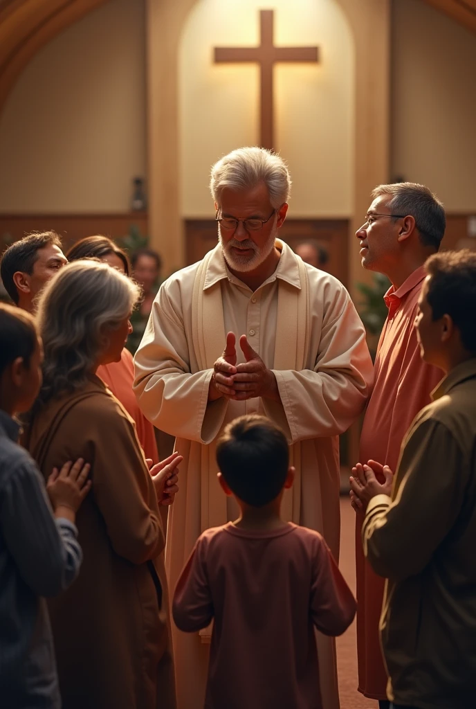 Big Family praying with pastor clapping hands