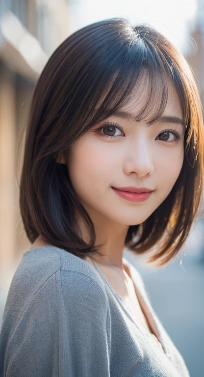Happy smile seeing this、In the city、(Highest quality,8K quality,masterpiece:1.3,),(Ultra-high resolution:1.3,Realistic:1.4,RAW Photos:1.2),(Very detailed:1.2,Glowing Skin,Detailed skin:1.1),(Detailed face,Perfect Anatomy,Caustics:1.2),,1 girl,cute,Japanese,1,Japanese Ido,Gray Hair, [(Gray Hairからブロンドへのグラデーションヘア:1.4):0.5], Straight medium hair,cute目,Natural Makeup,bright casual clothes,Laughter,Looking into the camera,On the face,Face Focus,Professional Lighting,Natural soft light,Blurred Background