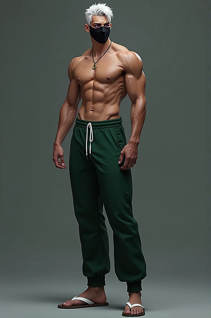 I want a male character with white hair, purple eyes, a black mask, no shirt, and green pants with white flip-flops.