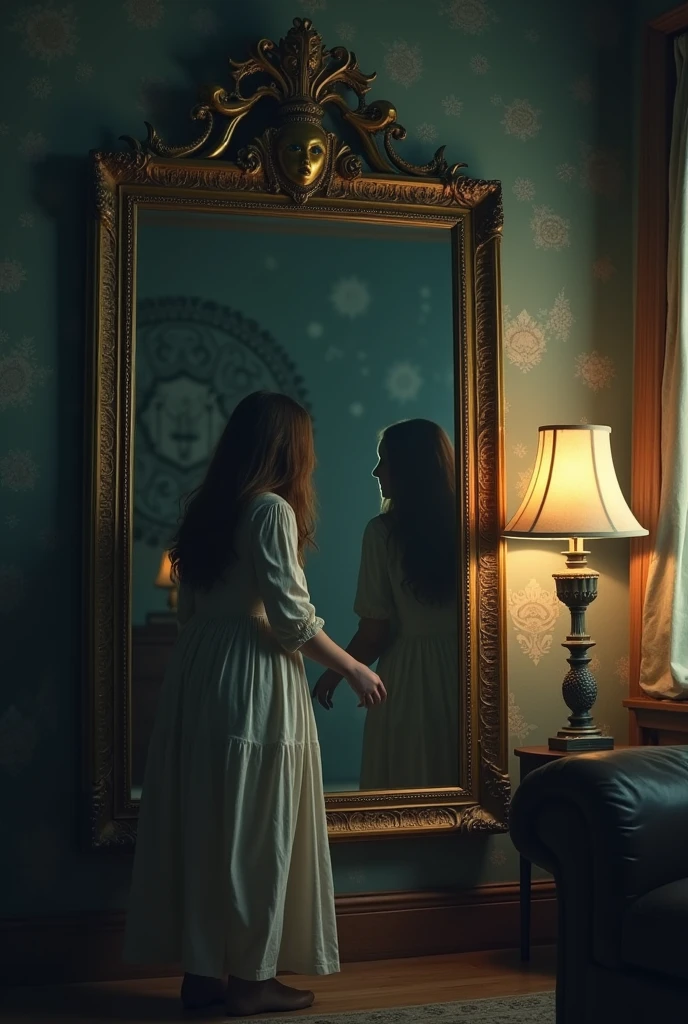 In a quiet village, a family discovered an old, ornate mirror in their attic. Unbeknownst to them, the mirror had a sinister past. Every night, the reflection began to change, showing disturbing scenes of people in distress, which grew more vivid and horrifying. One night, the family saw their own faces in the mirror, twisted in terror, screaming for help. Make a story video