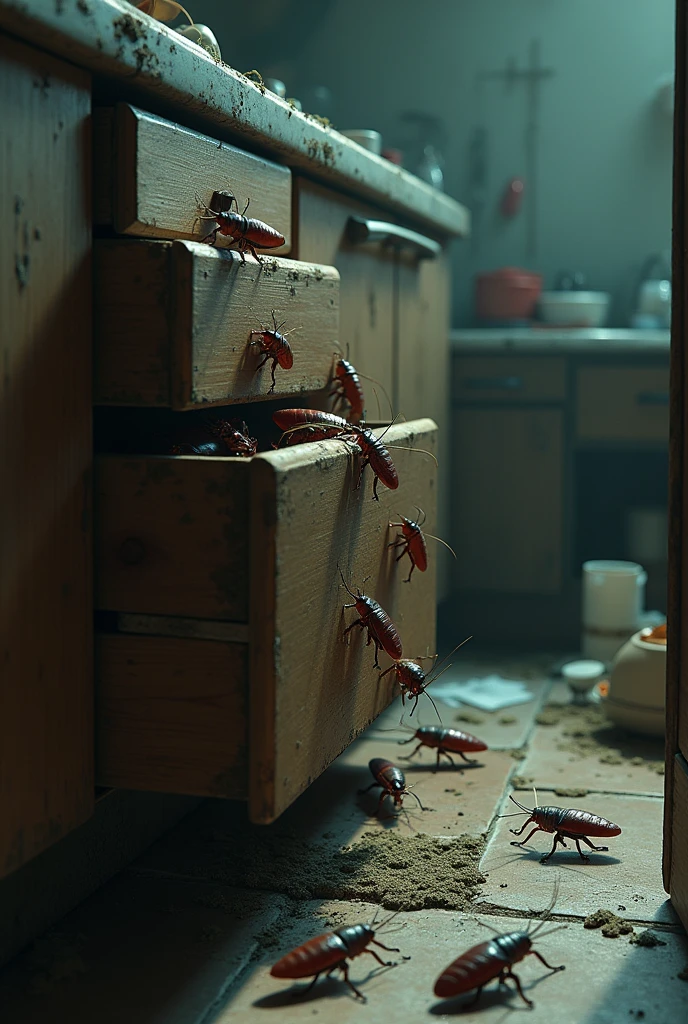Cockroaches peeking out of drawers and cracks in a kitchen