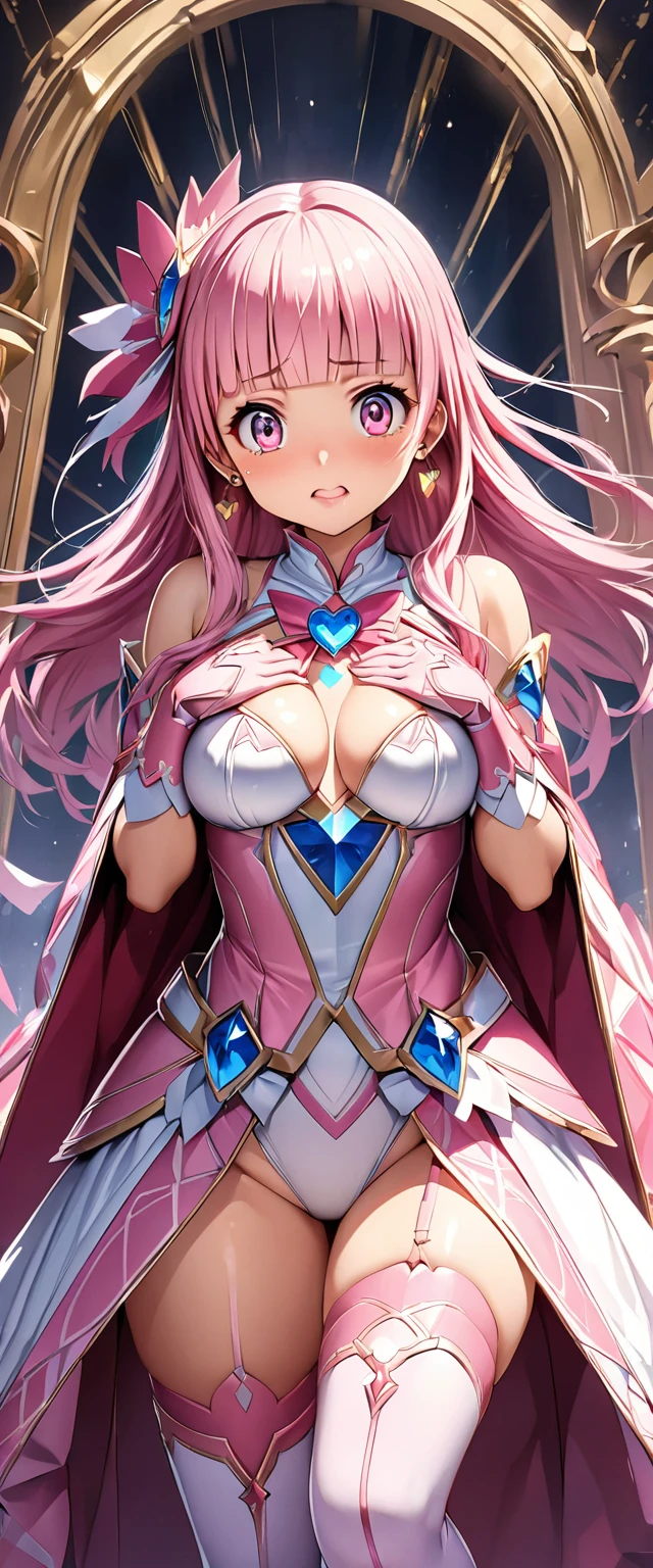 (Perfect Anatomy)、Mastepiece、Ultra High Quality、 8k、masterpiece、Highest quality、Ultra-high resolution、Maximum resolution、Very detailed、Professional Lighting、anime、woman、thin、so beautiful、Highly detailed eye、Highly detailed face、Golden earrings、Pink Hair,、Pink eyes、Detailed costume patterns、Mid-chest、Blue jewel on chest, makeup, eyeliner, eye shadow, pink cheek, pink lips, upper arm pink armor, white leotard, pink pattern, full body, magical girl, Angel Girl, pink thigh high stockings, white super long boots, pink gauntlet, high heels, blunt bangs, Hime cut, bridal hair accessory, paladin robe、(((Surprise face)))、(Surprise)、Hands on cheeks, surprised