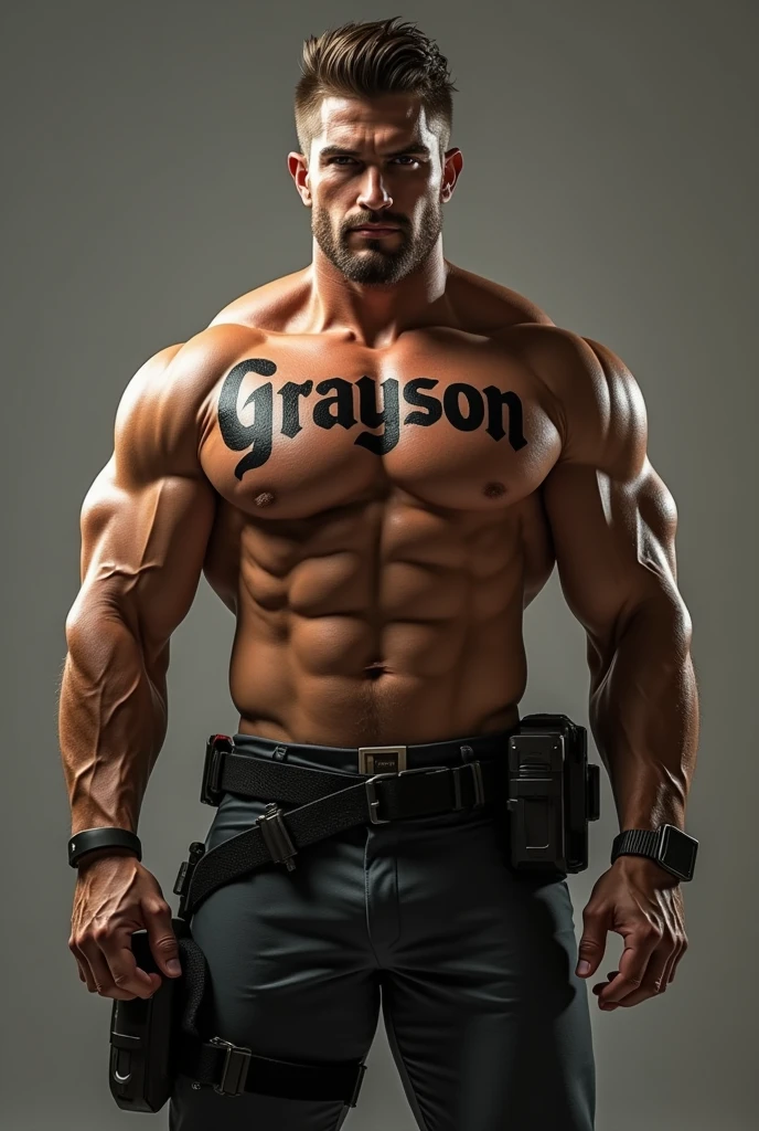 I want an image of an engineer with strong muscles and the name 'Grayson' tattooed on his body.