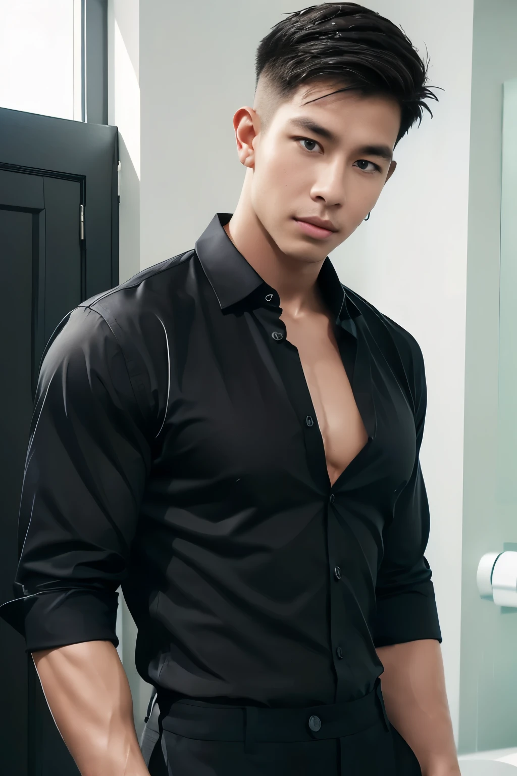 (armface:1.3) , Handsome young man standing, (have a mustache:0.8) , (short hair:1.2), The forearms are muscular., (Collared shirt with buttons:1.2), (Black open chest shirt:1.3), (Wet shirt:1.3),black pants, Big muscles, Handsome and muscular, full body angle, (bathroom:1.1)