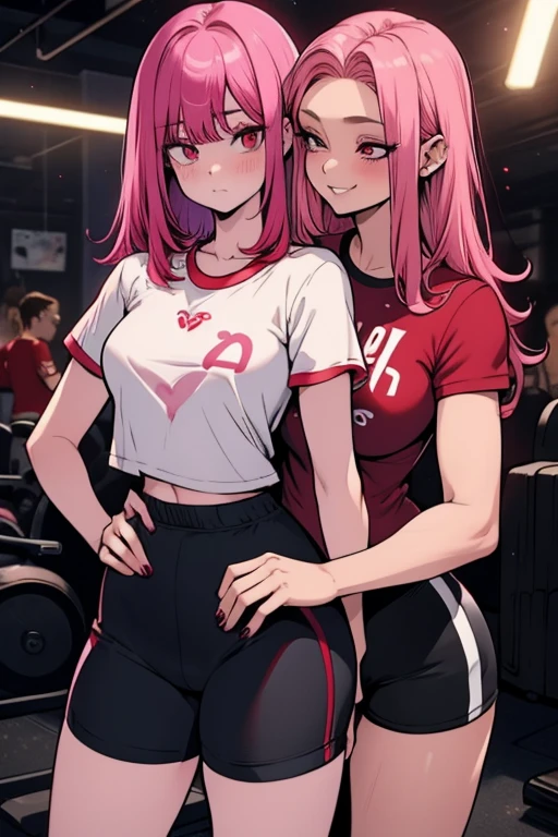 Two women. Perfect faces. Perfect hands. A pink haired woman with violet eyes with an hourglass figure in a t-shirt and gym shorts is hugging a red haired woman with red eyes with an hourglass figure in a t-shirt and gym shorts on a track