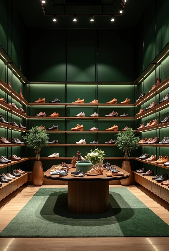 a shoe store with a very pretty interior in dark green tones

