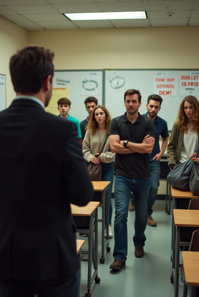 Photo 1: A classroom scene where a group of college students is rushing into the room together, looking flustered and slightly guilty. They are holding their bags and looking at the teacher with innocent faces. The teacher, a middle-aged man or woman, is standing by the desk, arms crossed, and has a slightly stern but curious expression. The classroom is filled with typical items like desks, chairs, a whiteboard, and some motivational posters.