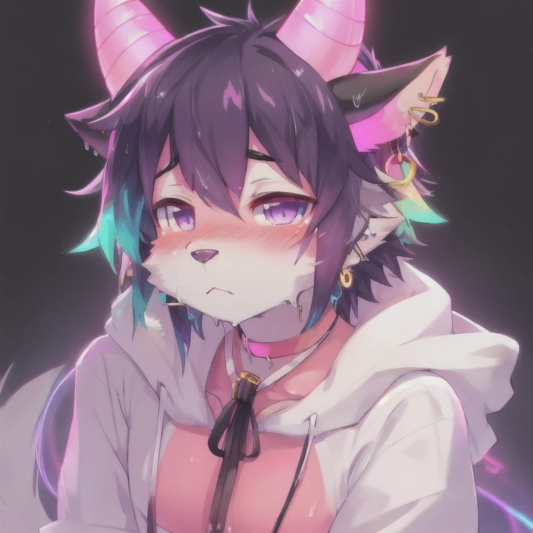 High Resolution, Best Quality, Blush, Solo, Femboy, Neon, Earrings, Horns, kemono furry, drenched