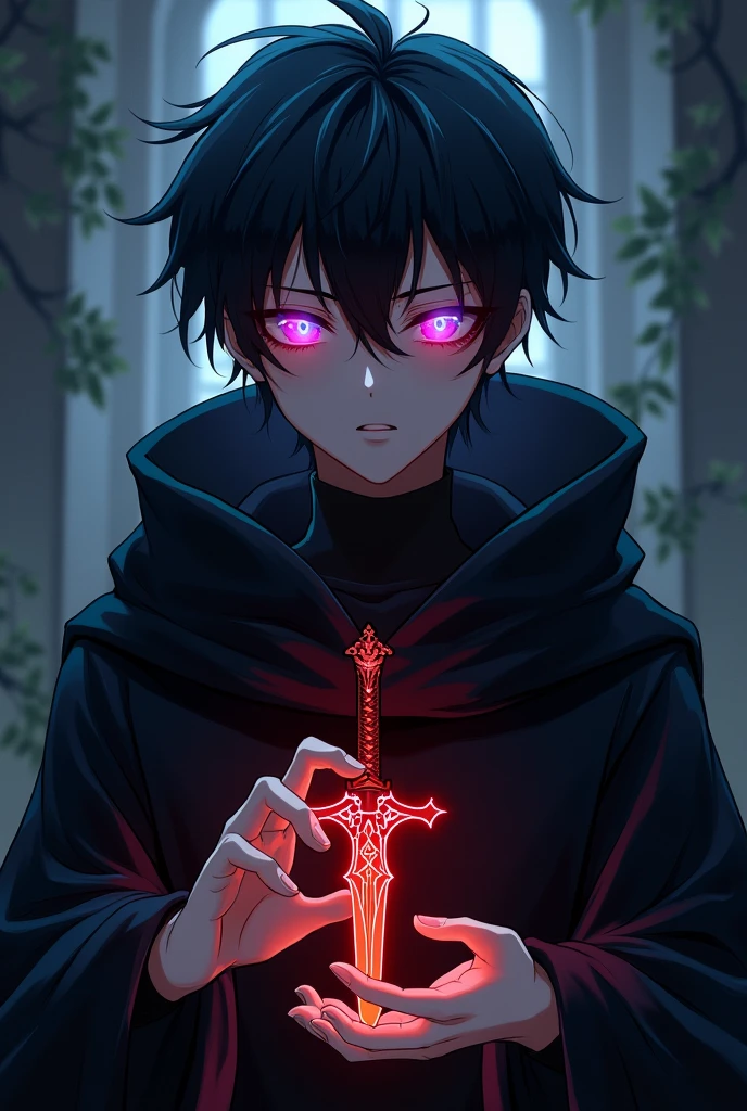 Cool Anime boy with red and blue glowing eyes, in a black cloak holding a small dagger in hands