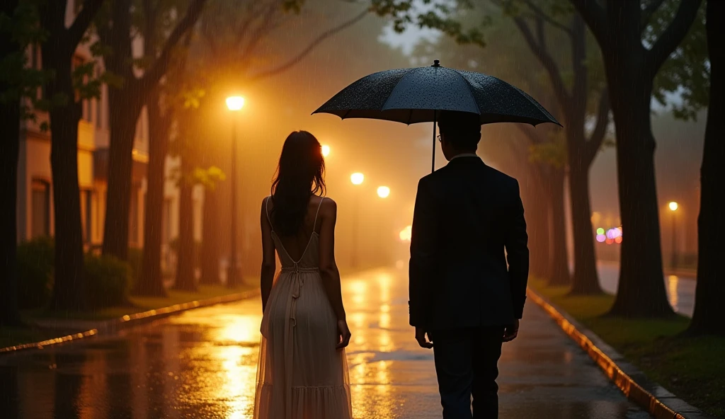 Main Characters: A woman standing in the rain, looking at a man who is slightly ahead of her. Setting: A rainy night on a quiet, cobblestone street lined with trees. The street is softly lit by warm street lamps, creating a romantic yet melancholic atmosphere. Woman’s Appearance: She’s wearing a flowing, light-colored dress that gently sways with the breeze. Raindrops fall around her, adding to the emotional weight of the scene. Man’s Appearance: He’s standing under a large umbrella, unaware of the woman watching him. His back is to her, emphasizing the distance and unspoken connection between them. Background: The background is slightly blurred, focusing on the emotional tension between the two characters. The warm, soft tones of the lighting create a nostalgic and tender feeling. This visual captures the essence of unrequited love, perfectly aligning with the song's theme and emotion.