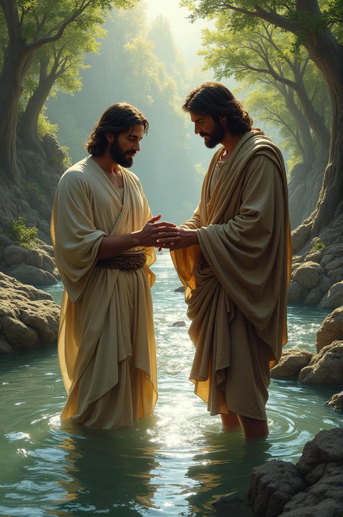 JOHN THE BAPTIST DRESSED IN ANIMAL SKIN BAPTIZES JESUS BIBLICAL CHARACTER
