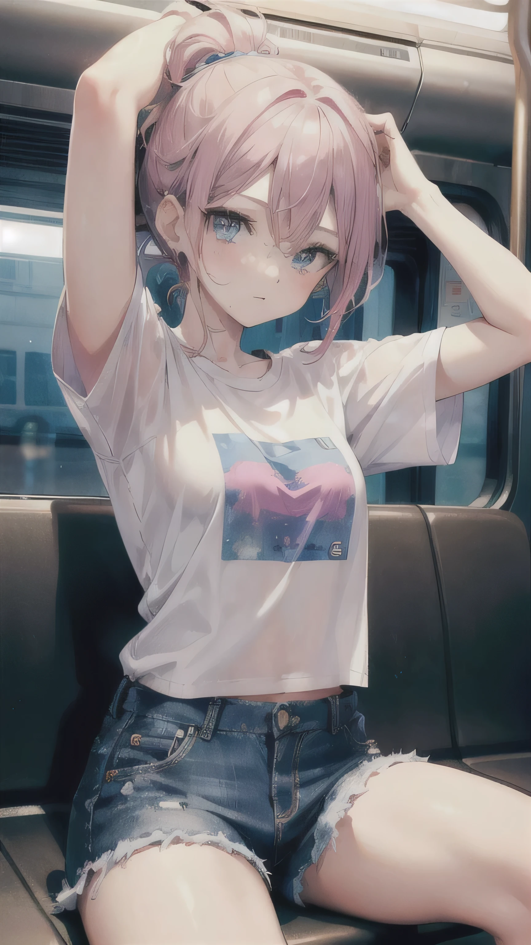 ((Highquality)), ((Masterpiece)), 8k, slim teenage girl, short purple curly ponytail hair, freckles, blue eyes pink plain shirt with mini short sleeves, blue short jeans, sitting, riding subway, looking at the side, eyes looking at side, arms up grabbing handle