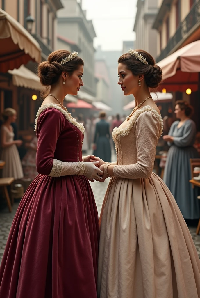 Two women selling period clothing looking at each other. 