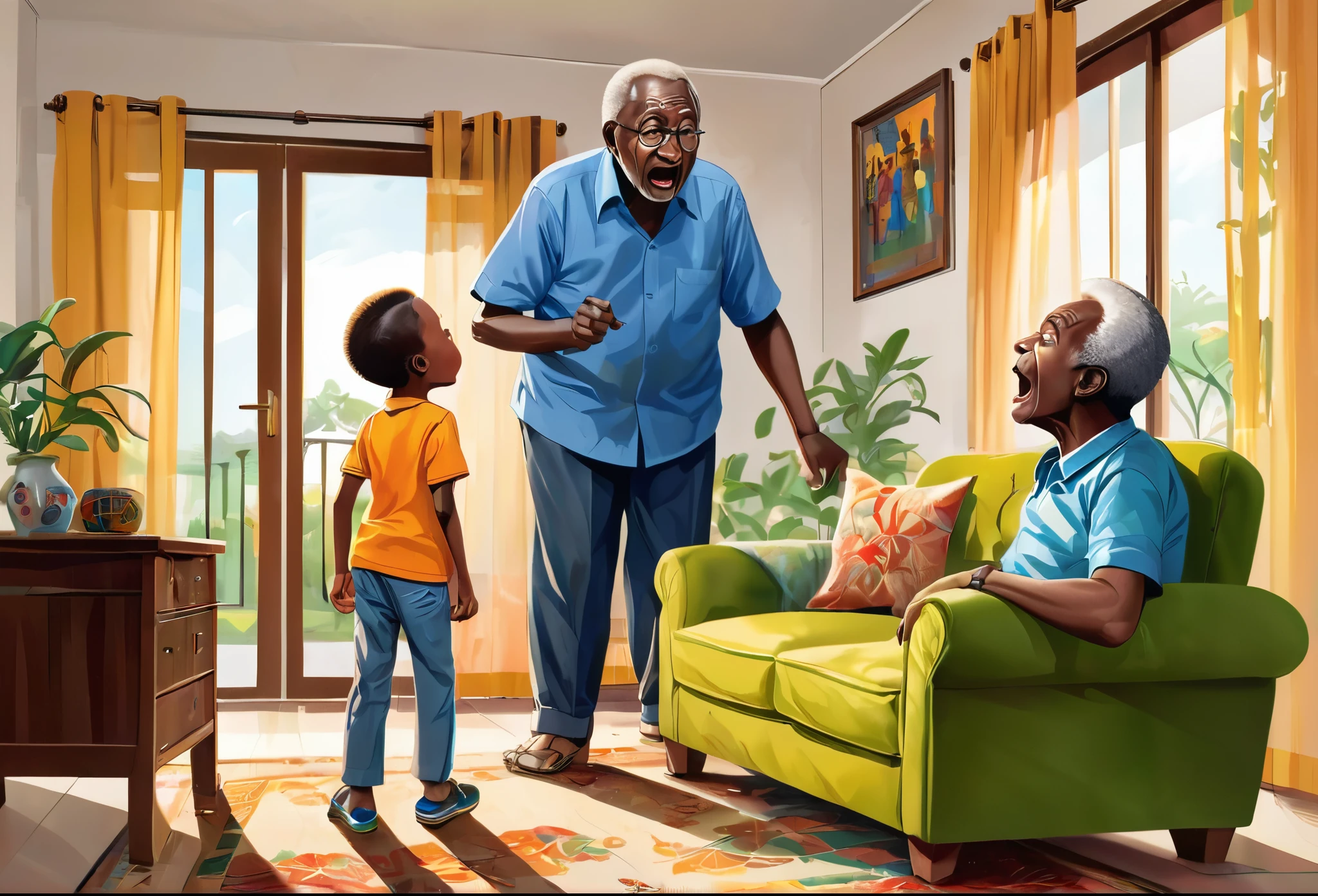 A seven years old boy standing and shouting at his grandpa who is sitted on a sofa, in a modern house compound, granpa looking worried.
African (masterpiece best quality:1.2) delicate illustration ultra-detailed, illustrations, bright, colourful,