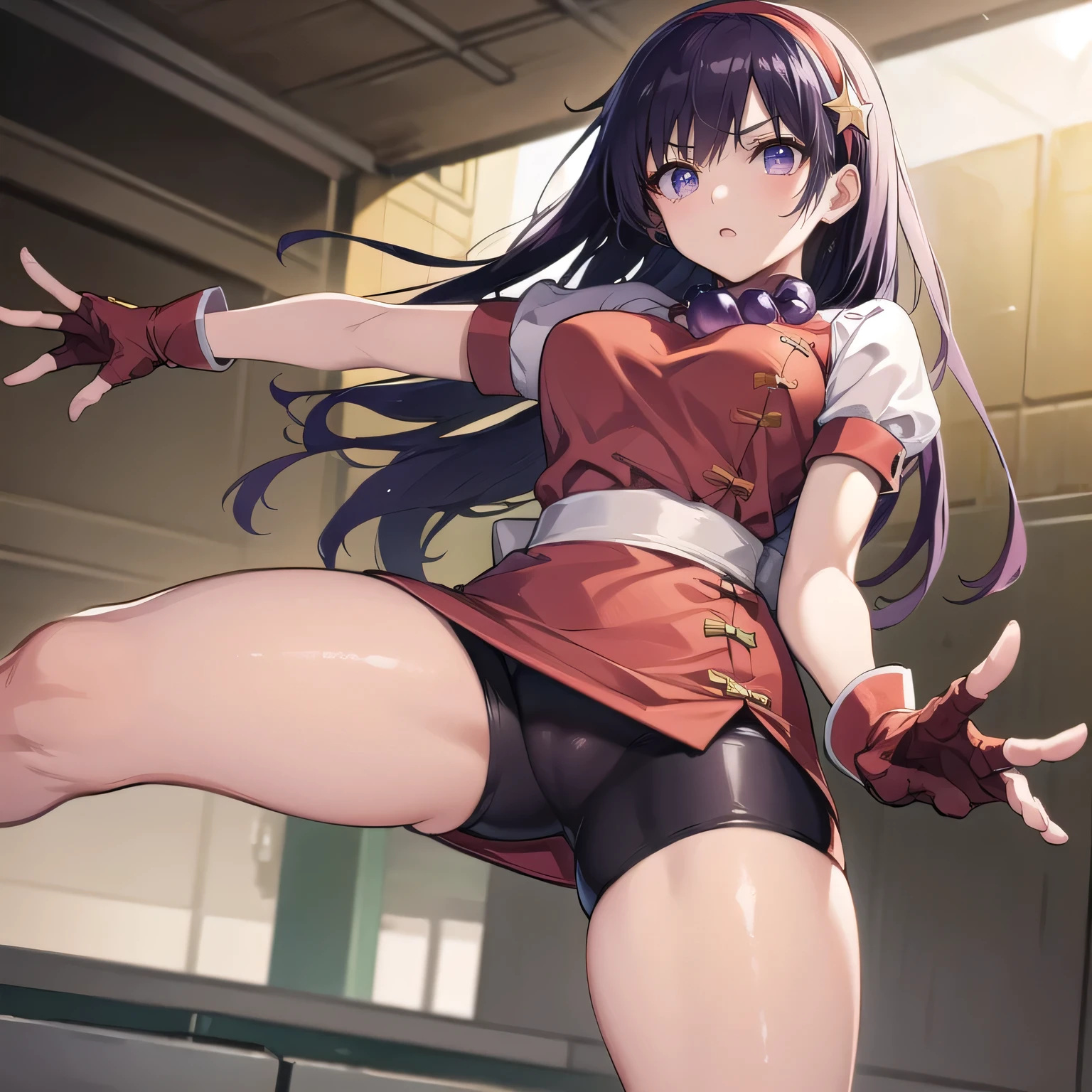 athena asamiya, a beautiful Japanese woman, ((solo)), wrestler fighter/kicking, dynamic action, action pose, fighting pose, dynamic pose, high kick, looking at viewer, mini skirt, up skirt, from below, (black bike shorts), ((panty lines)), serious, long hair, hair ornament, (purple eyes:1.1), purple hair, hairband, star \(symbol\), star hair ornament, red hairband, BREAK gloves, jewelry, pants, fingerless gloves, necklace, bead necklace, chinese clothes, dress, red dress, puffy sleeves, short sleeves, white sleeves, red gloves, boxing gymnasium, BREAK (masterpiece:1.2), best quality, high resolution, unity 8k wallpaper, (illustration:0.8), (beautiful detailed eyes:1.6), extremely detailed face, perfect lighting, extremely detailed CG, (perfect hands, perfect anatomy)