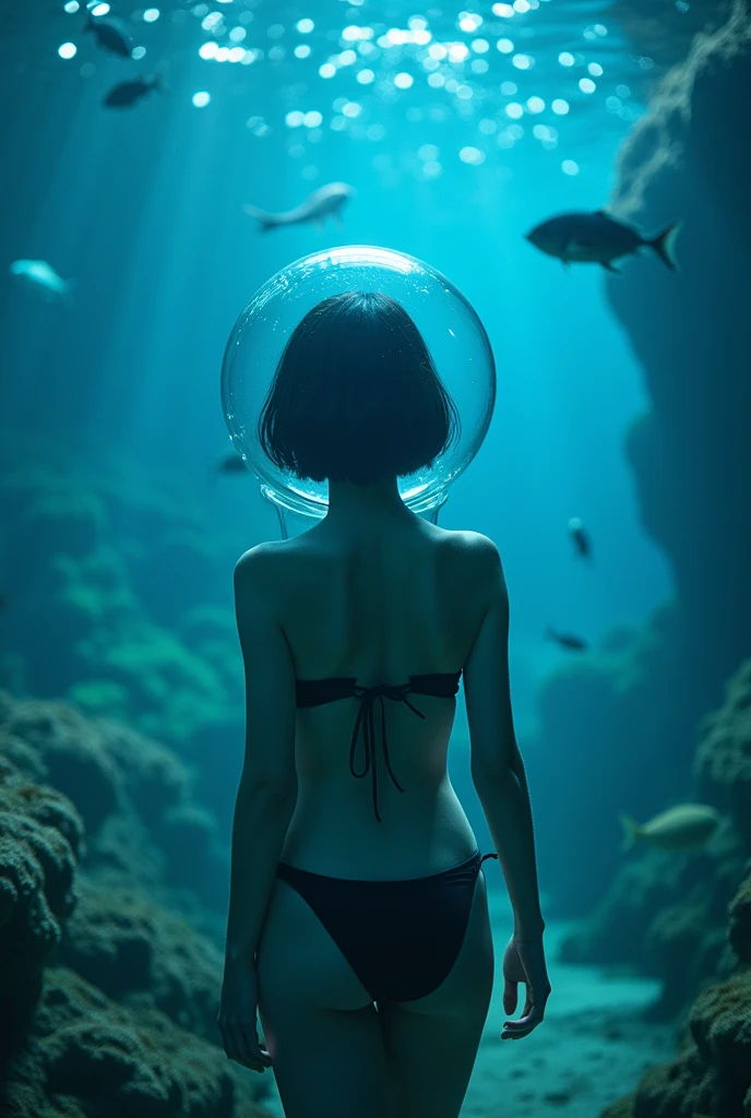 upper body,(underwater:1.2) , sea plants, fish, bioluminescence, futuristic, science fiction, bokeh, lighting (volumetric, cinematic, dim blue), caustic, depth of field, bubble helmet, space helmet, short hair, girl, Cute Japanese girl ,bikini,