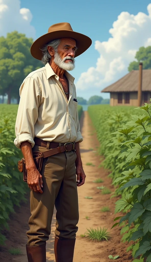 The scene shows a man looking at his plantation, small and modest. This man wears a white shirt, brown pants, brown boots and a brown hat.He is an elderly man with weather-beaten features.. Your skin is wrinkled with age spots!, deep lines around the eyes and mouth. He has clear and expressive eyes that convey wisdom and life experiences.. He sports a well-groomed white beard and neatly combed gray hair.