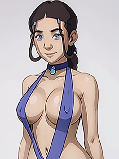 Katara, avatar: the last airbender , beautiful brunette, blue eyes long hair, curvy, big breasts and perfect detailed body wide hips and slim waist image 1.2 sensual and provocative smile looking at the viewer with desire