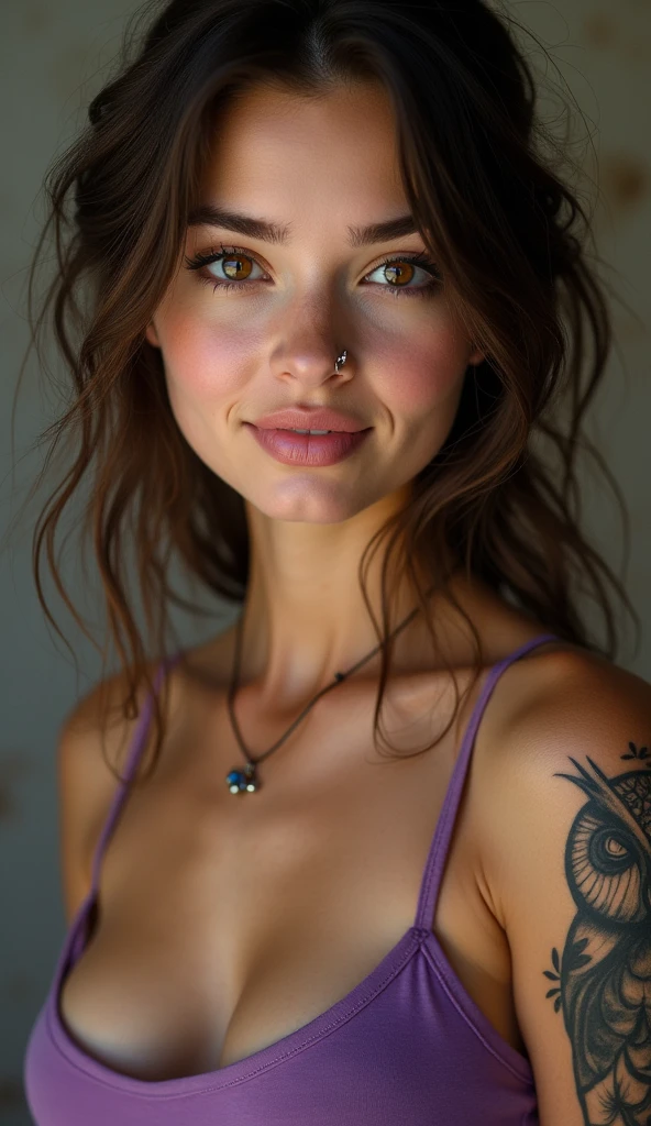 
woman of slavic appearance, with brown eyes and dark eyebrows, fleshy lips, ultra detailed skin with a light tan, smiling, 30years, Scrawny, with an owl tattoo on his right arm, wearing a purple top and a pendant around her neck, has his nose pierced,((( the face and hair appear in the image))), Further away from the camera, natural posture, (((breasts big))) 